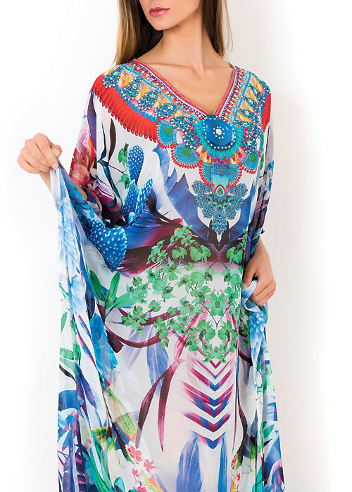 F4748 Polyester Beach Dress side slit & loose printed shivering blue